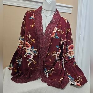 Burgundy Floral Light Cardigan | Bell Sleeve Size Small